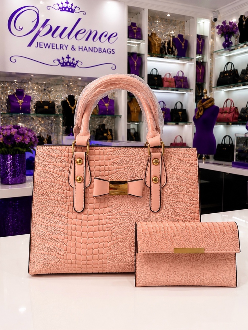 Pink Croc-Embossed Satchel with Matching Wallet